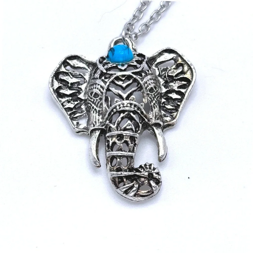 Silver Tone Elephant Necklace Blue Turquoise Style Stone‎ Boho Statement Pendant